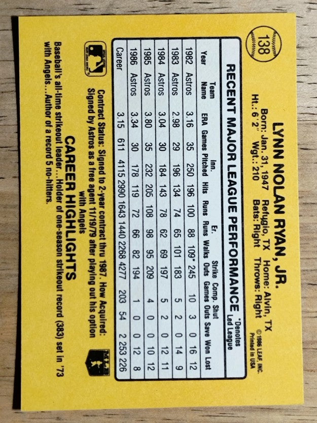 1987 Donruss #138 Nolan Ryan
