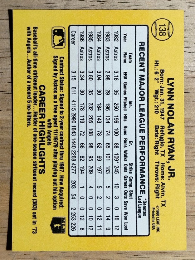 1987 Donruss #138 Nolan Ryan