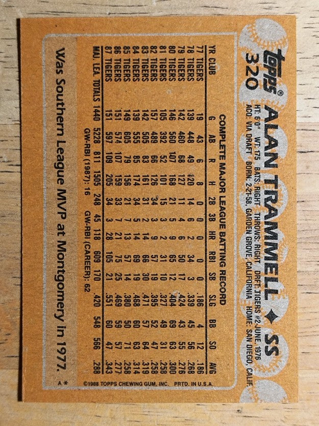 1988 Topps #320 Alan Trammell