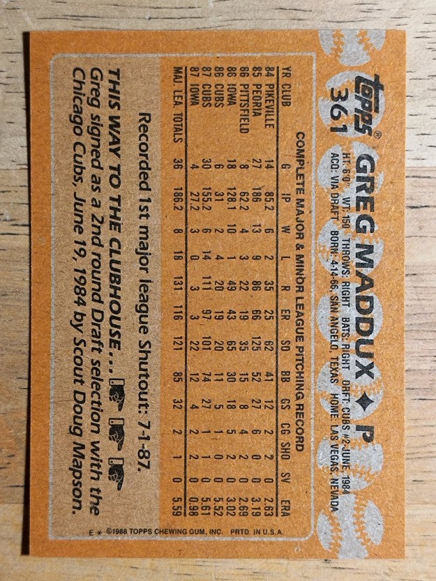 1988 Topps #361 Greg Maddux