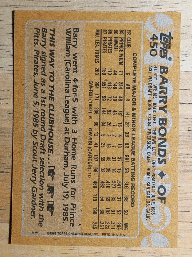 1988 Topps #450 Barry Bonds