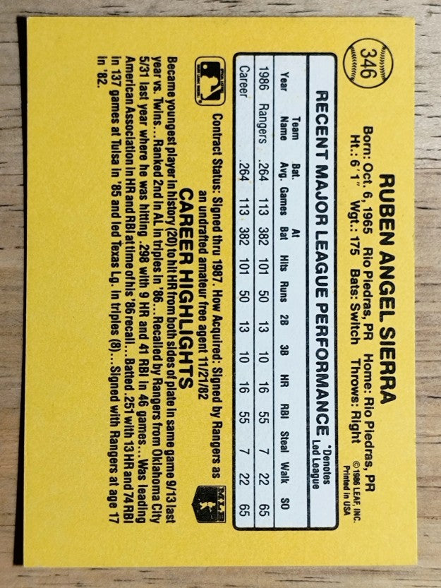 1987 Donruss #346 Ruben Sierra RC