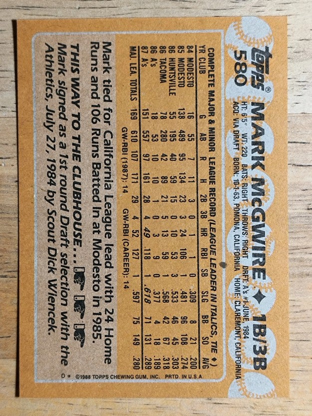 1988 Topps #580 Mark McGwire