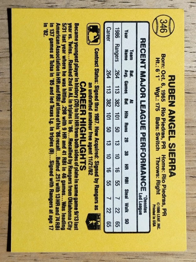 1987 Donruss #346 Ruben Sierra RC