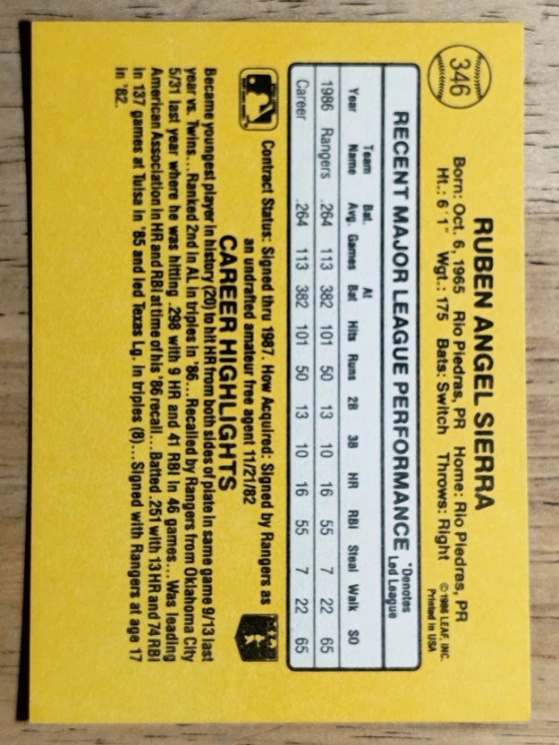1987 Donruss #346 Ruben Sierra RC