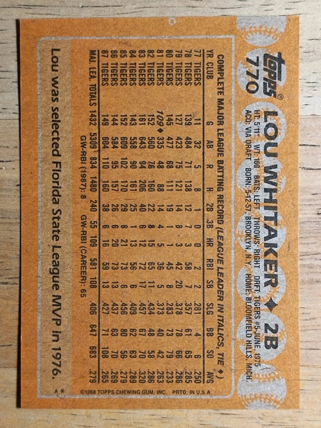 1988 Topps #770 Lou Whitaker