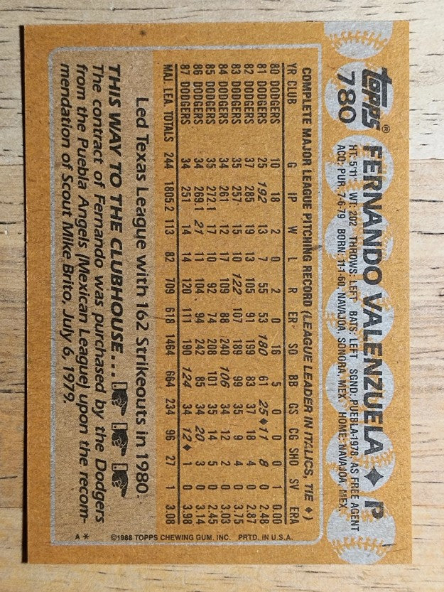 1988 Topps #780 Fernando Valenzuela