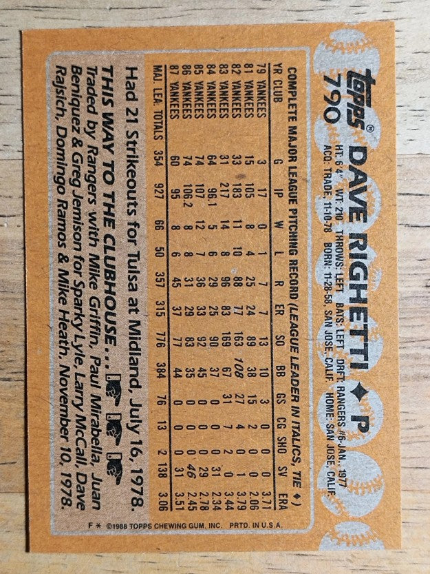 1988 Topps #790 Dave Righetti