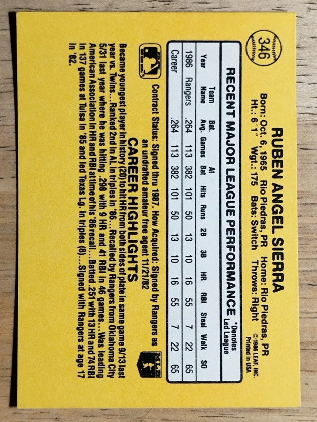 1987 Donruss #346 Ruben Sierra RC