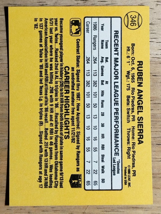 1987 Donruss #346 Ruben Sierra RC