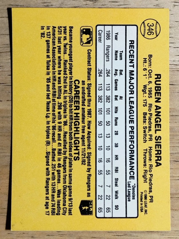 1987 Donruss #346 Ruben Sierra RC