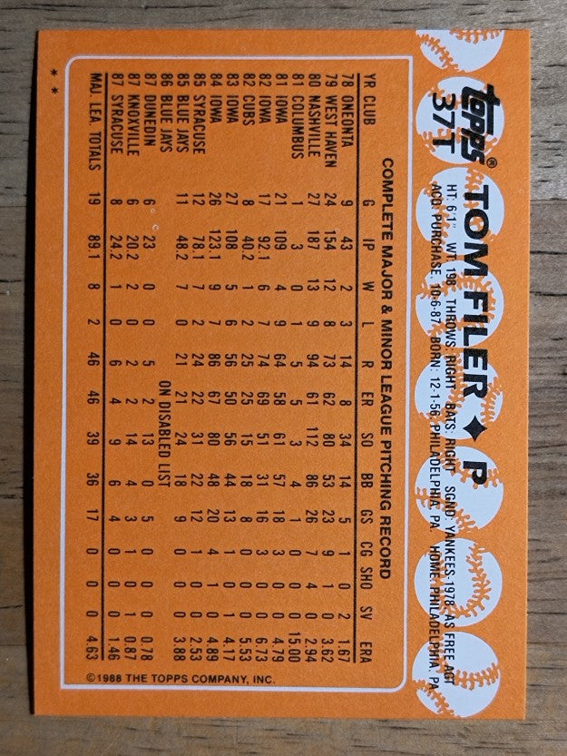 1988 Topps Traded #37T Tom Filer