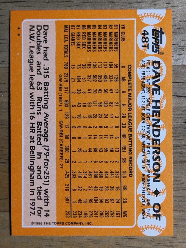 1988 Topps Traded #48T Dave Henderson
