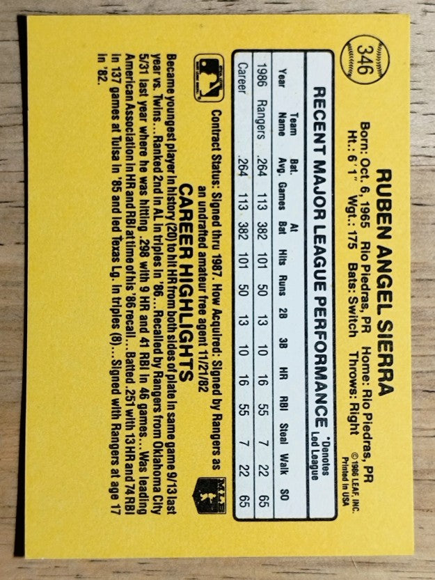 1987 Donruss #346 Ruben Sierra RC