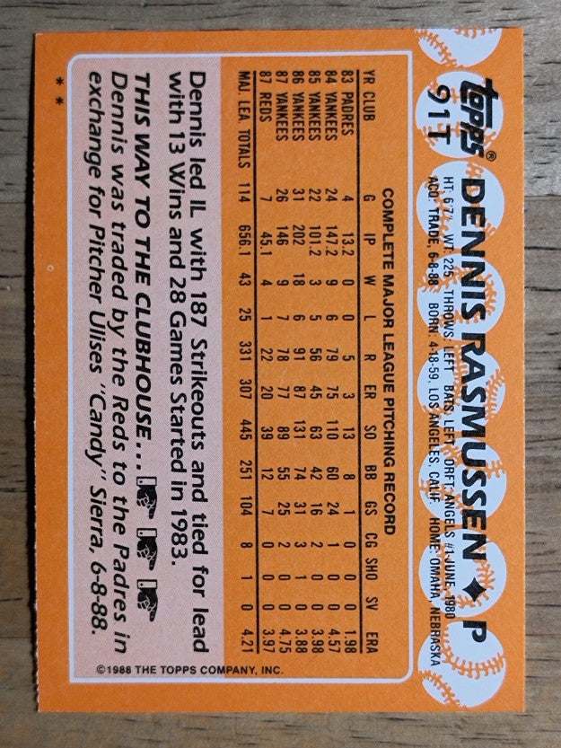 1988 Topps Traded #91T Dennis Rasmussen