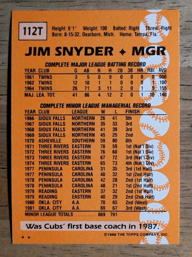 1988 Topps Traded #112T Jim Snyder MG