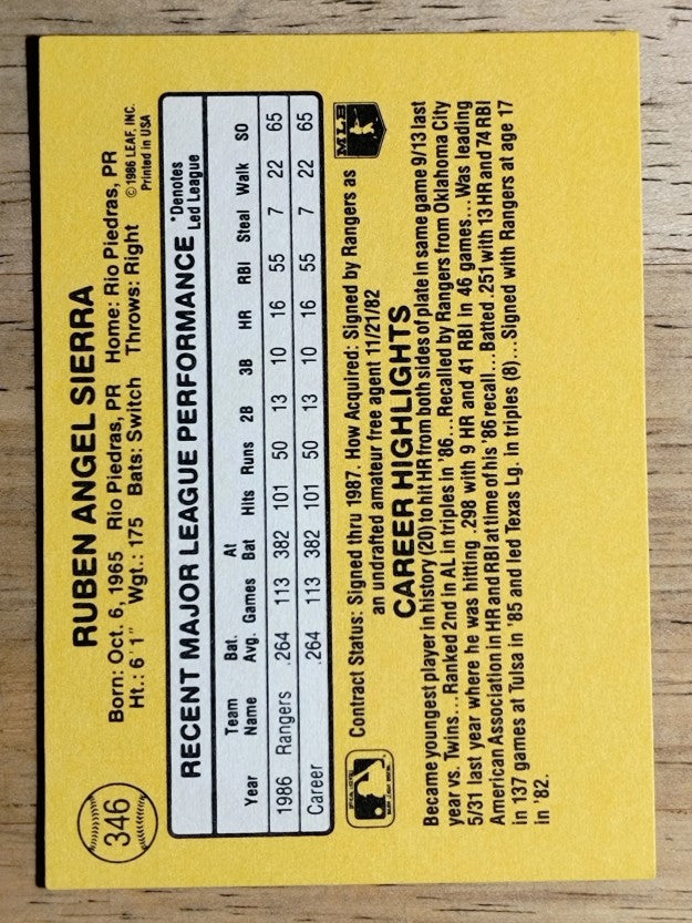 1987 Donruss #346 Ruben Sierra RC