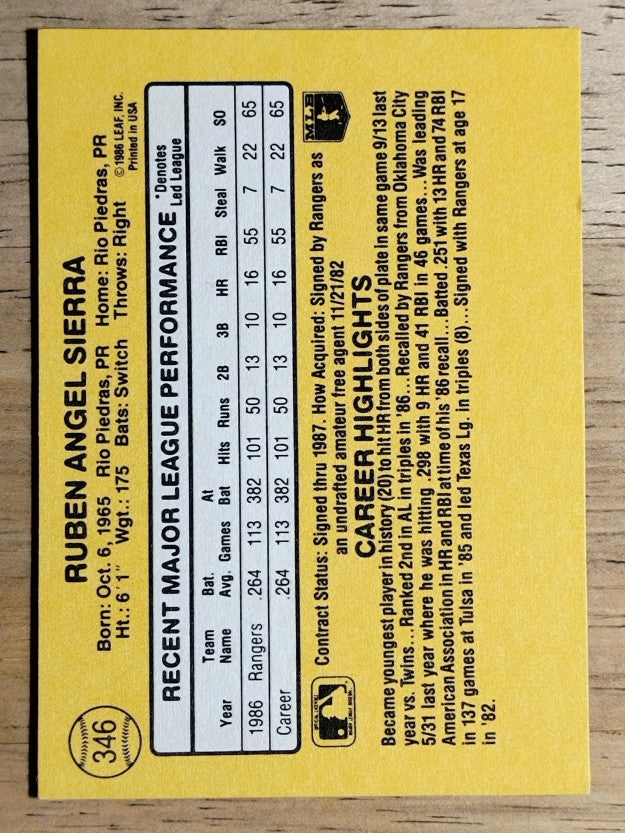 1987 Donruss #346 Ruben Sierra RC
