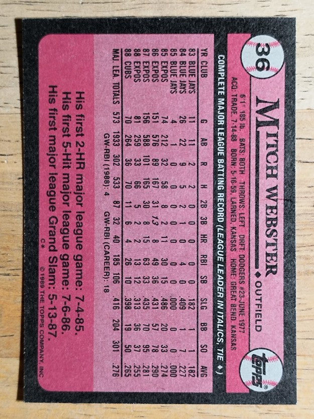 1989 Topps #36 Mitch Webster