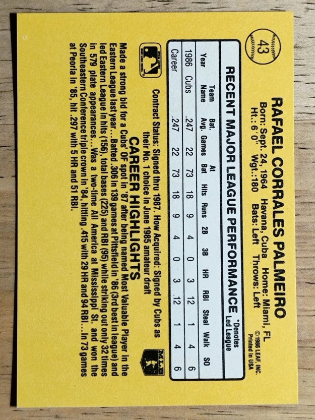 1987 Donruss #43 Rafael Palmeiro RC