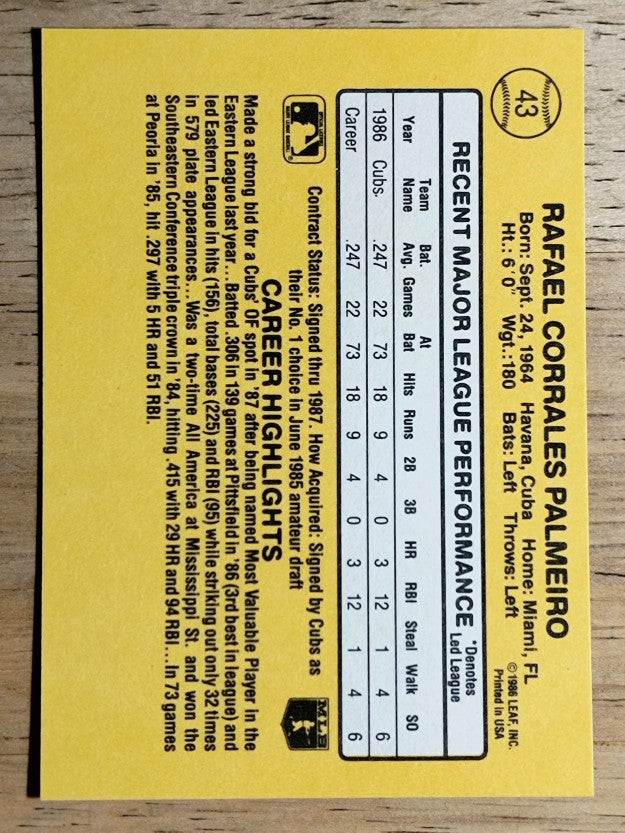 1987 Donruss #43 Rafael Palmeiro RC