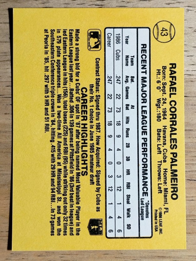 1987 Donruss #43 Rafael Palmeiro RC