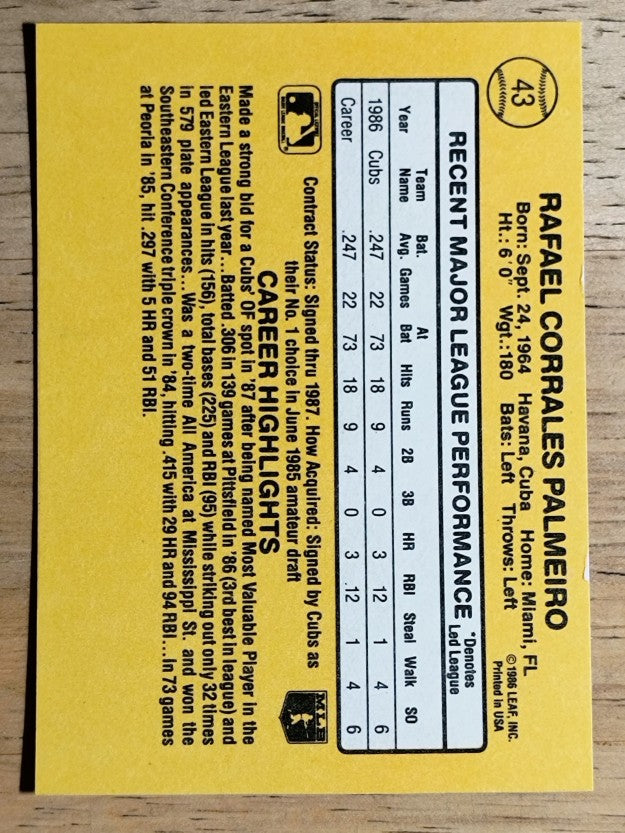 1987 Donruss #43 Rafael Palmeiro RC