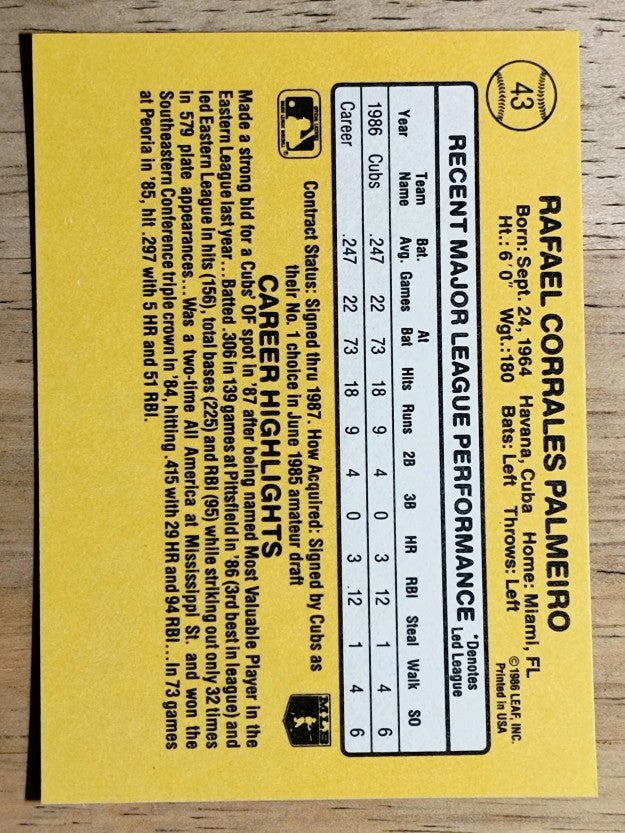 1987 Donruss #43 Rafael Palmeiro RC