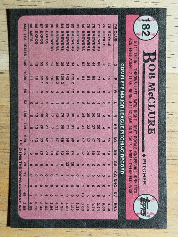 1989 Topps #182 Bob McClure