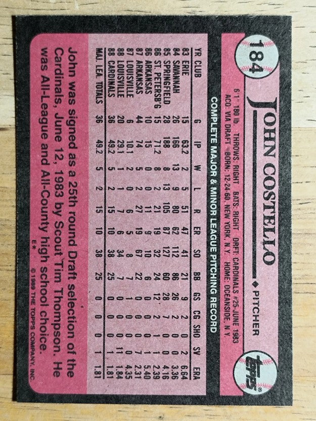 1989 Topps #184 John Costello RC