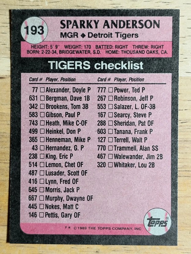 1989 Topps #193 Sparky Anderson MG