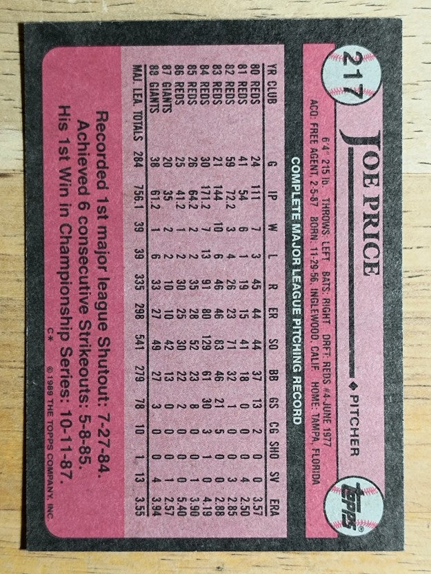 1989 Topps #217 Joe Price
