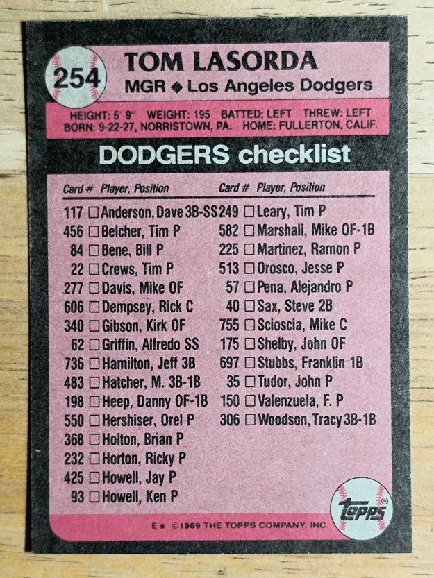1989 Topps #254 Tom Lasorda MG