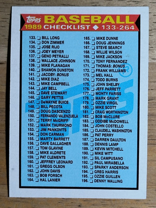1989 Topps #258 Checklist 133-264