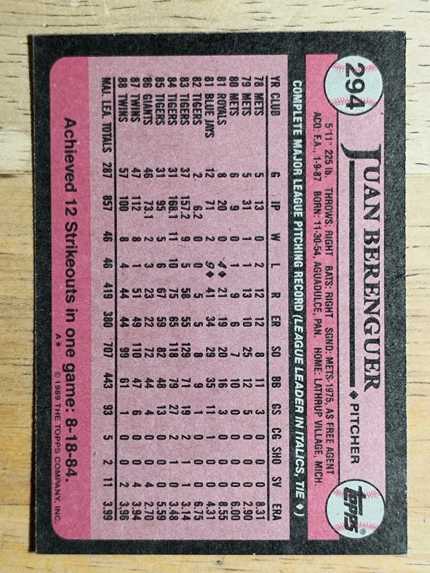 1989 Topps #294 Juan Berenguer