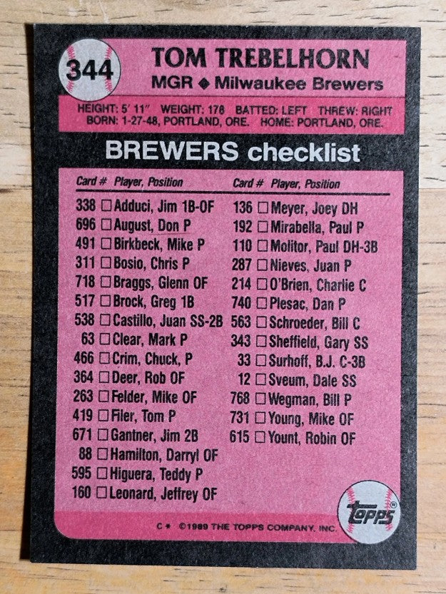 1989 Topps #344 Tom Trebelhorn MG