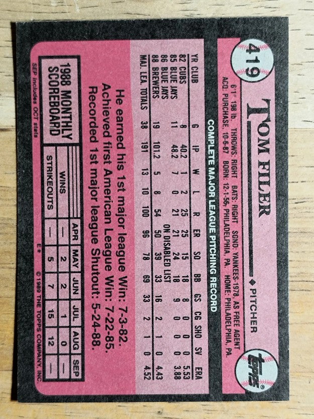 1989 Topps #419 Tom Filer