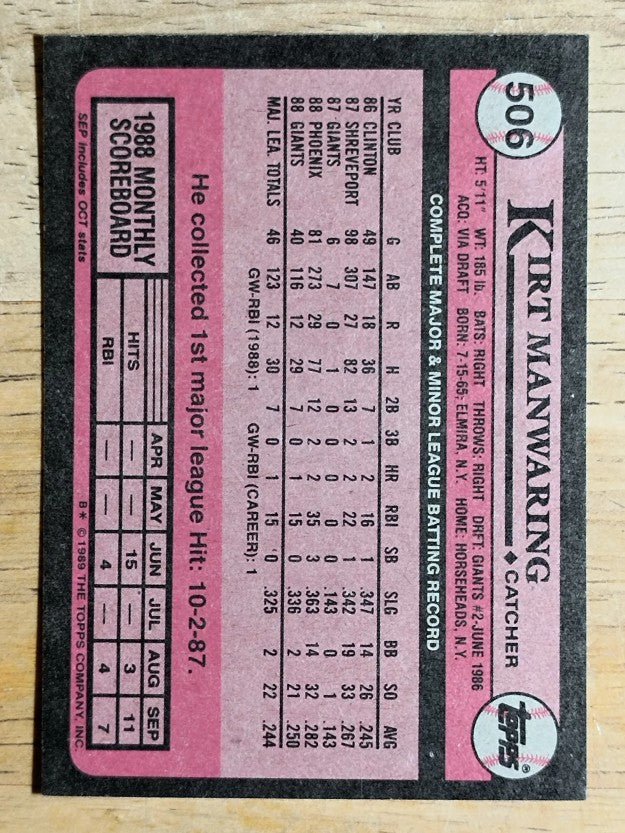 1989 Topps #506 Kirt Manwaring