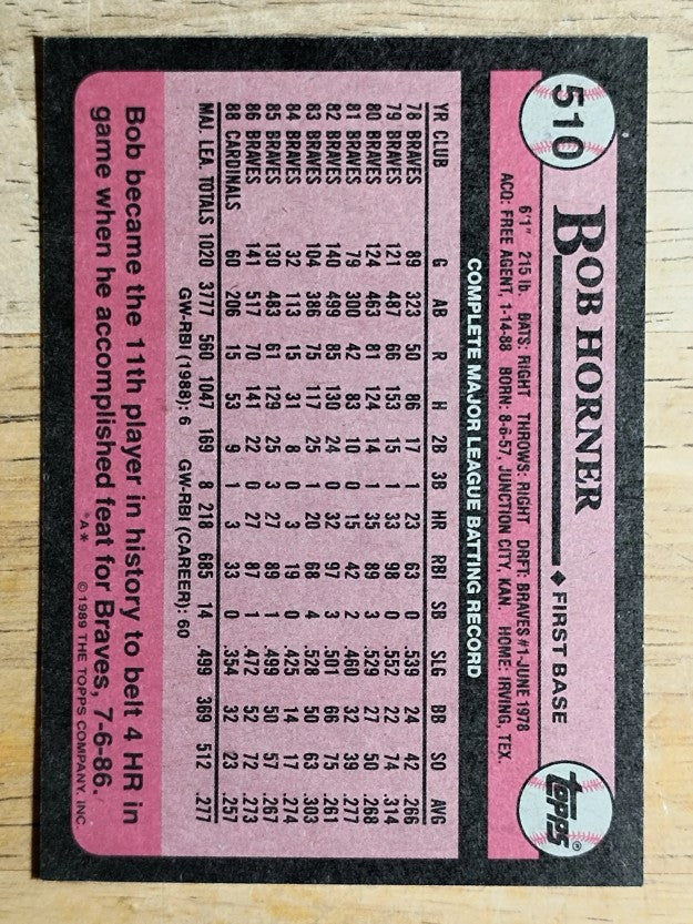 1989 Topps #510 Bob Horner