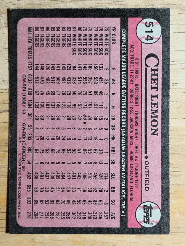 1989 Topps #514 Chet Lemon