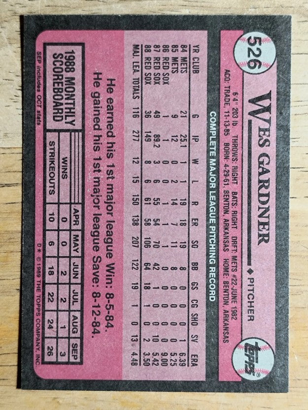 1989 Topps #526 Wes Gardner