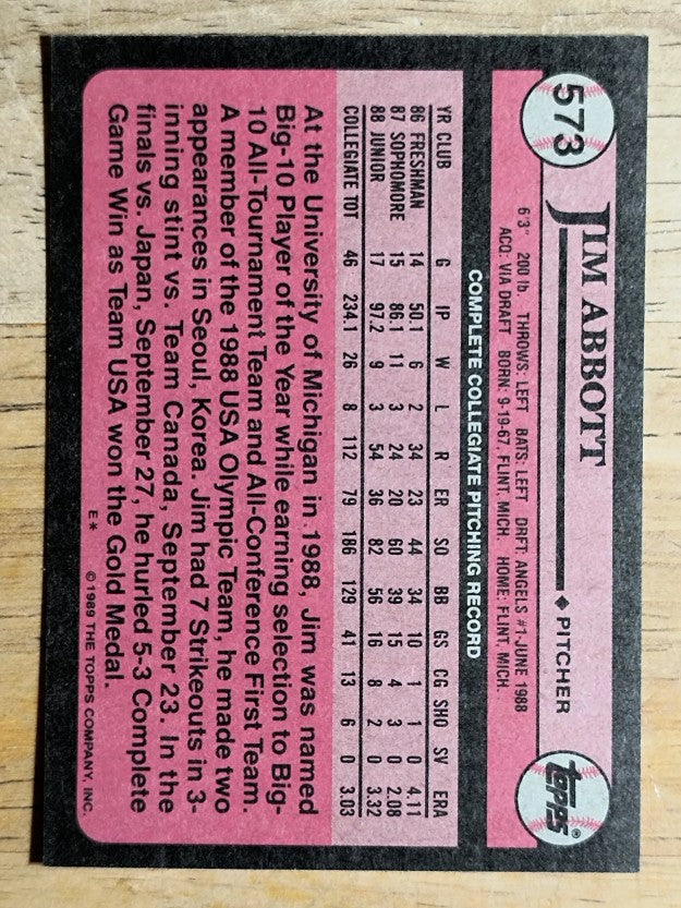 1989 Topps #573 Jim Abbott FDP RC
