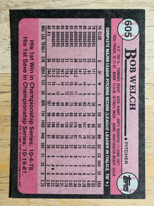 1989 Topps #605B Bob Welch COR