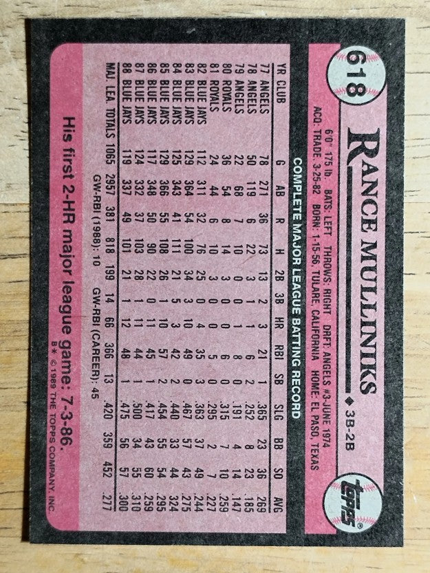 1989 Topps #618 Rance Mulliniks