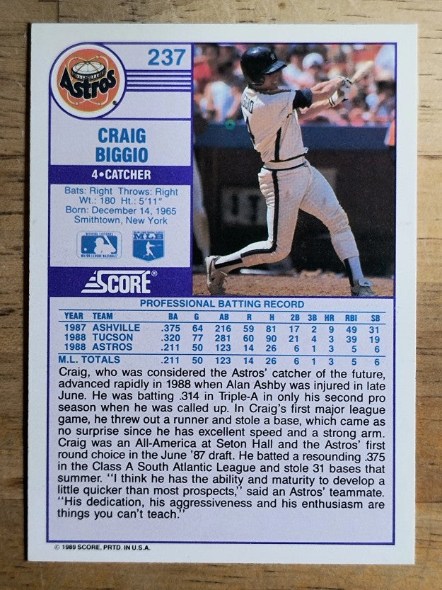 1989 Score #237 Craig Biggio RC