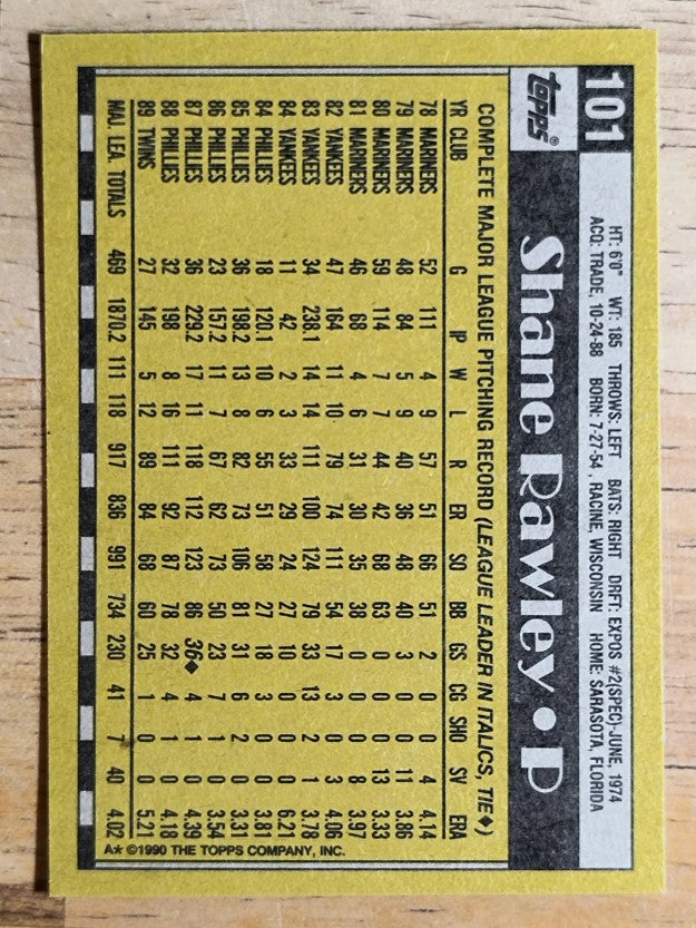 1990 Topps #101 Shane Rawley