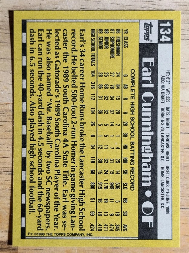 1990 Topps #134 Earl Cunningham FDP RC