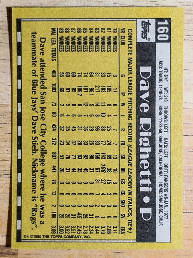 1990 Topps #160 Dave Righetti