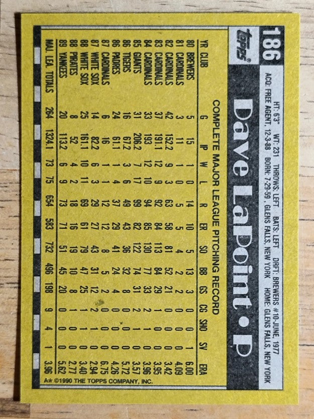 1990 Topps #186 Dave LaPoint