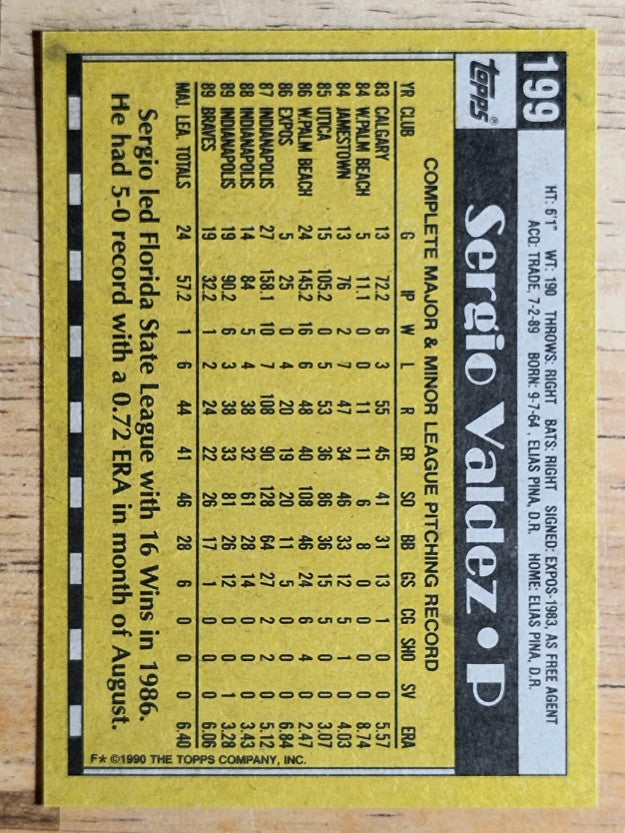 1990 Topps #199 Sergio Valdez RC